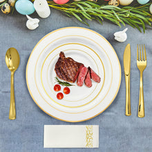 Load image into Gallery viewer, 175Pcs Disposable Gold Dinnerware Set Gold Rim Plastic Plates Cups Fork Spoon Knife Paper Napkins for Party Wedding Graduation