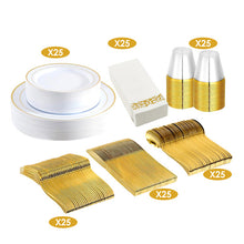 Load image into Gallery viewer, 175Pcs Disposable Gold Dinnerware Set Gold Rim Plastic Plates Cups Fork Spoon Knife Paper Napkins for Party Wedding Graduation