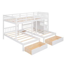 Load image into Gallery viewer, Full Over Twin &amp; Twin Bunk Bed, Wood Triple Bunk Bed with Drawers and Guardrails (White)