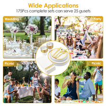 Load image into Gallery viewer, 175Pcs Disposable Gold Dinnerware Set Gold Rim Plastic Plates Cups Fork Spoon Knife Paper Napkins for Party Wedding Graduation