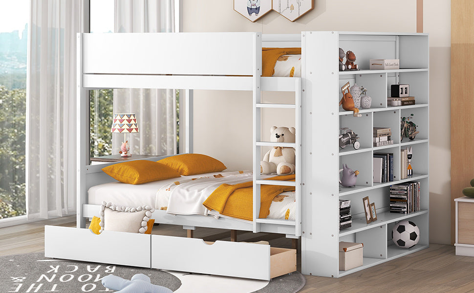 Full over Full Bunk Bed With 2 Drawers and Multi-layer Cabinet, White