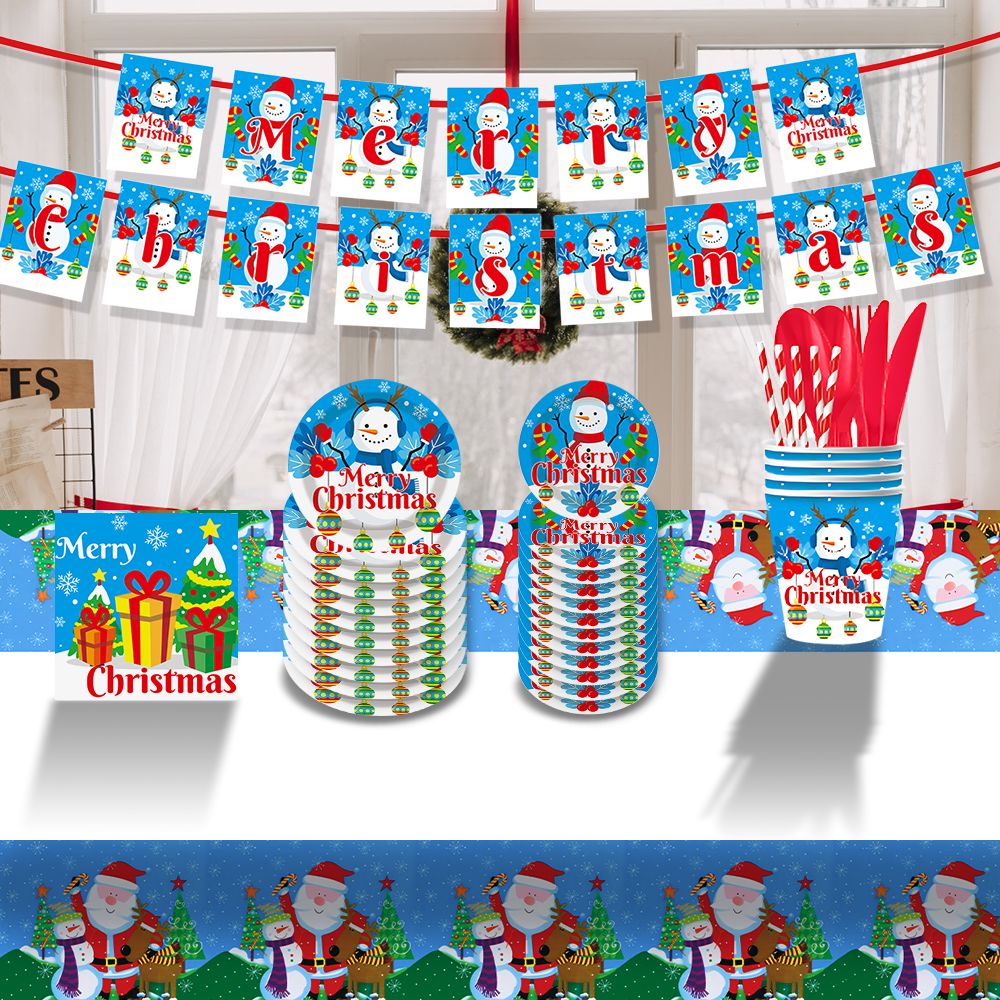 Christmas 10-piece set   Set Party Supplies Snowman Disposable Tableware Paper Plates and Napkins Banners Plastic tablecloths Cutlery Serves 60 for Merry Christmas Party Home Indoor Outdoor Decor