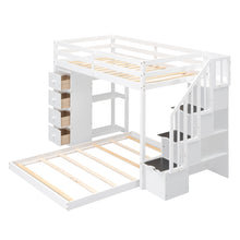Load image into Gallery viewer, Twin Over Full Bunk Bed with 3-layer Shelves, Drawers and Storage Stairs, White
