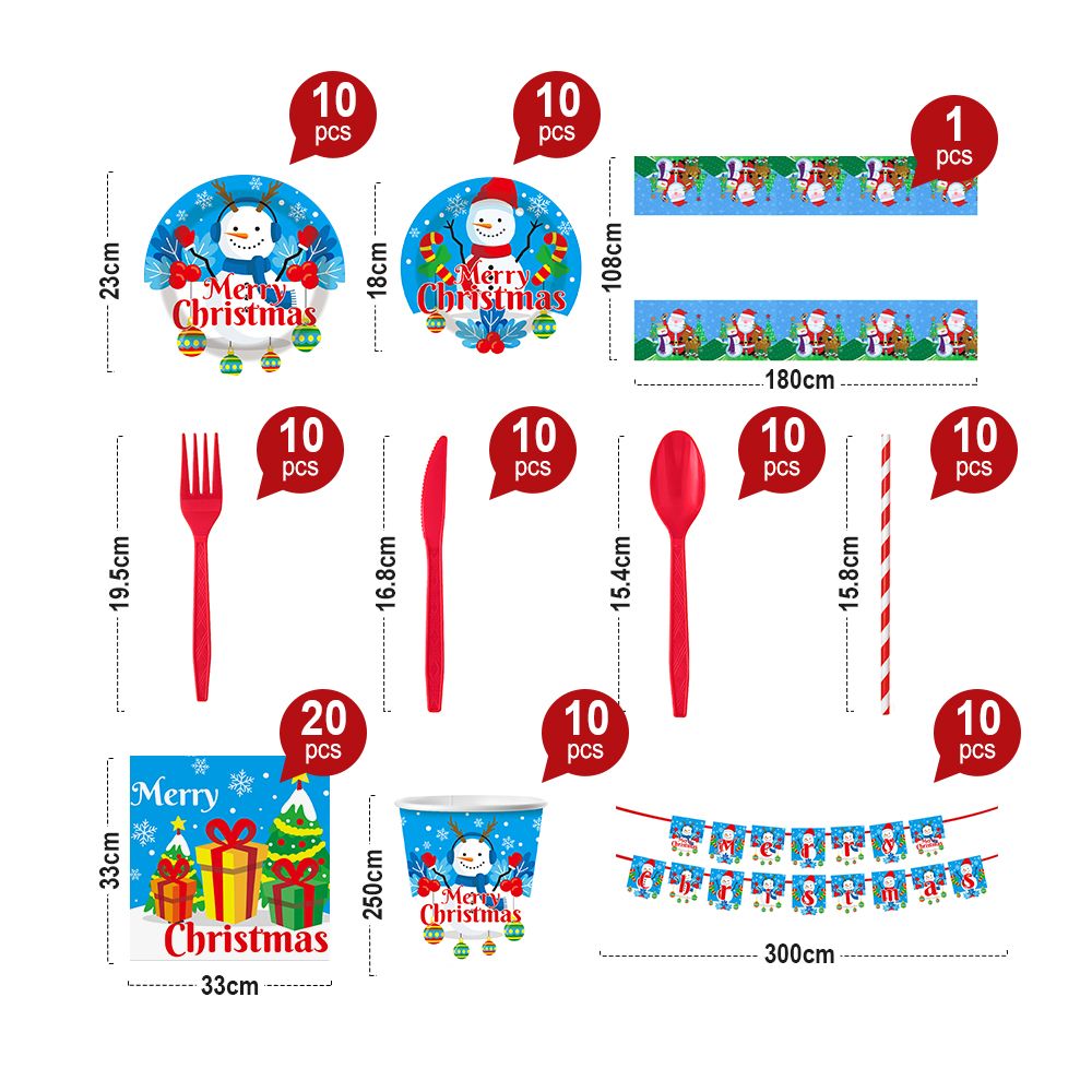 Christmas 10-piece set   Set Party Supplies Snowman Disposable Tableware Paper Plates and Napkins Banners Plastic tablecloths Cutlery Serves 60 for Merry Christmas Party Home Indoor Outdoor Decor