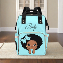 Load image into Gallery viewer, Personalize Optional - Designer Diaper Bags - African American Baby Girl Natural Curls And Electric Blue Bow - Waterproof Multi-Function Backpack
