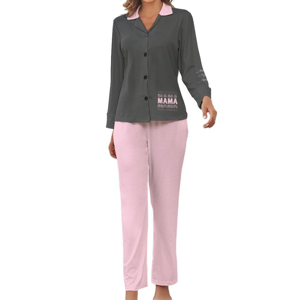 Mama Women's Satin Pajama Set Personalized With Kids Names on Sleeve