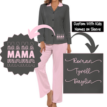 Load image into Gallery viewer, Mama Women&#39;s Satin Pajama Set Personalized With Kids Names on Sleeve