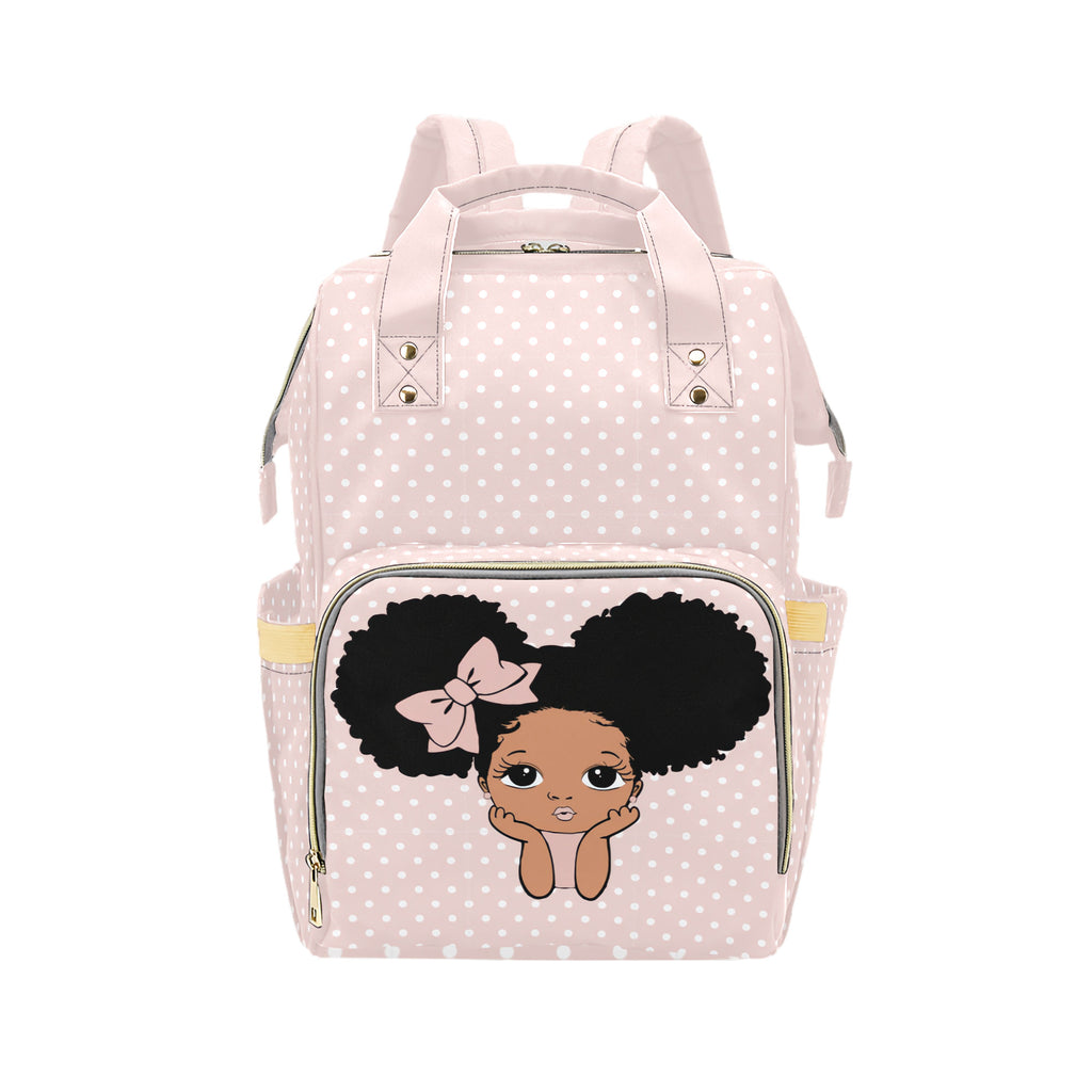 Designer Diaper Bag African American Baby Girl With Bow and Polka Dots