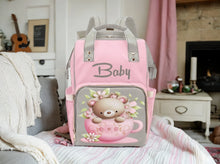 Load image into Gallery viewer, Designer Baby Bag With Cuddly Pink Teddy Bear In Tea Cup - Waterproof Multifunction Backpack Bag
