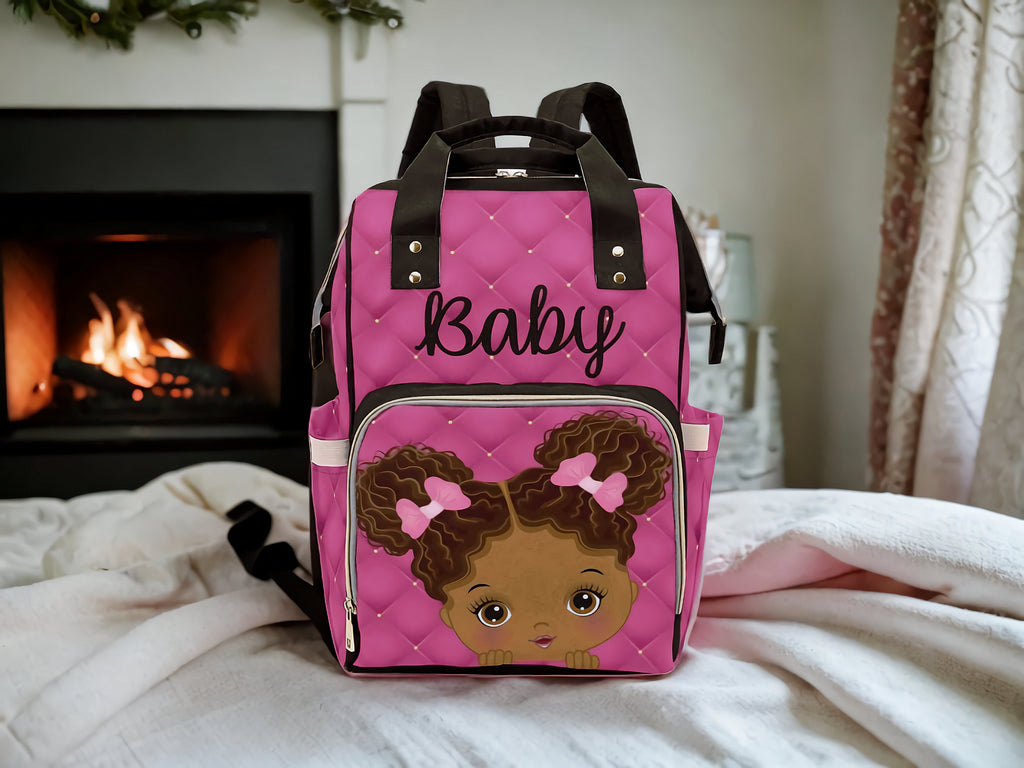 Cute African American Baby Girl With Natural Pigtails And Pink Bows On Hot Pink Tufted Design Multi-Function Backpack