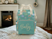 Load image into Gallery viewer, Designer Diaper Bags - Unisex Rainbows With Baby Name On Green - Waterproof Multi-Function Backpack