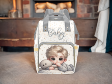 Load image into Gallery viewer, Baby Boy Blonde With Teddy Bear Moons and Stars Diaper Backpack Waterproof Backpack