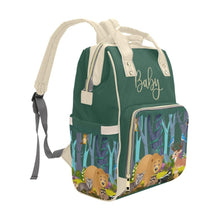 Load image into Gallery viewer, Designer Diaper Bags - Gender Neutral Forest Animals With Baby Name - Green - Waterproof Multi-Function Backpack