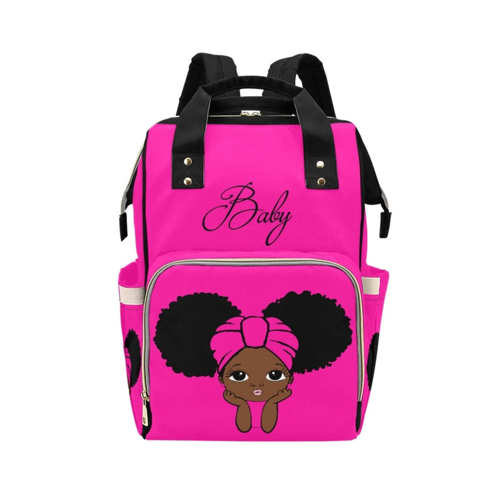 Designer Diaper Bags - African American Baby Girl With Natural Afro Pigtails And Head Wrap Hot Pink