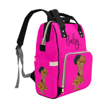 Load image into Gallery viewer, Designer Diaper Bag - Ethnic Queen African American Baby Girl - Hot Pink and Black - Waterproof Backpack