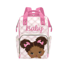 Load image into Gallery viewer, Cute African American Baby Girl With Natural Pigtails And Pink Bows On Tufted Design Diaper Bag Backpack