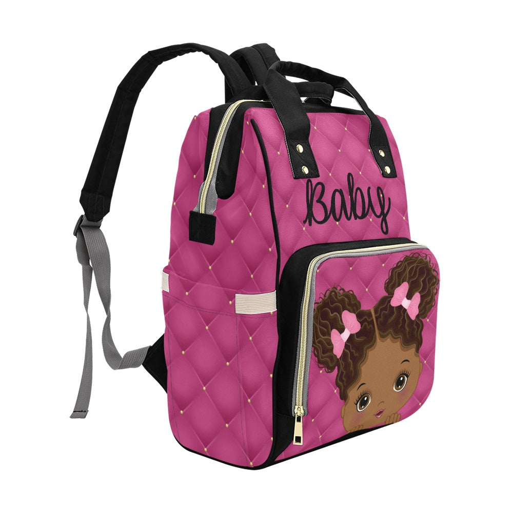 Cute African American Baby Girl With Natural Pigtails And Pink Bows On Hot Pink Tufted Design Multi-Function Backpack