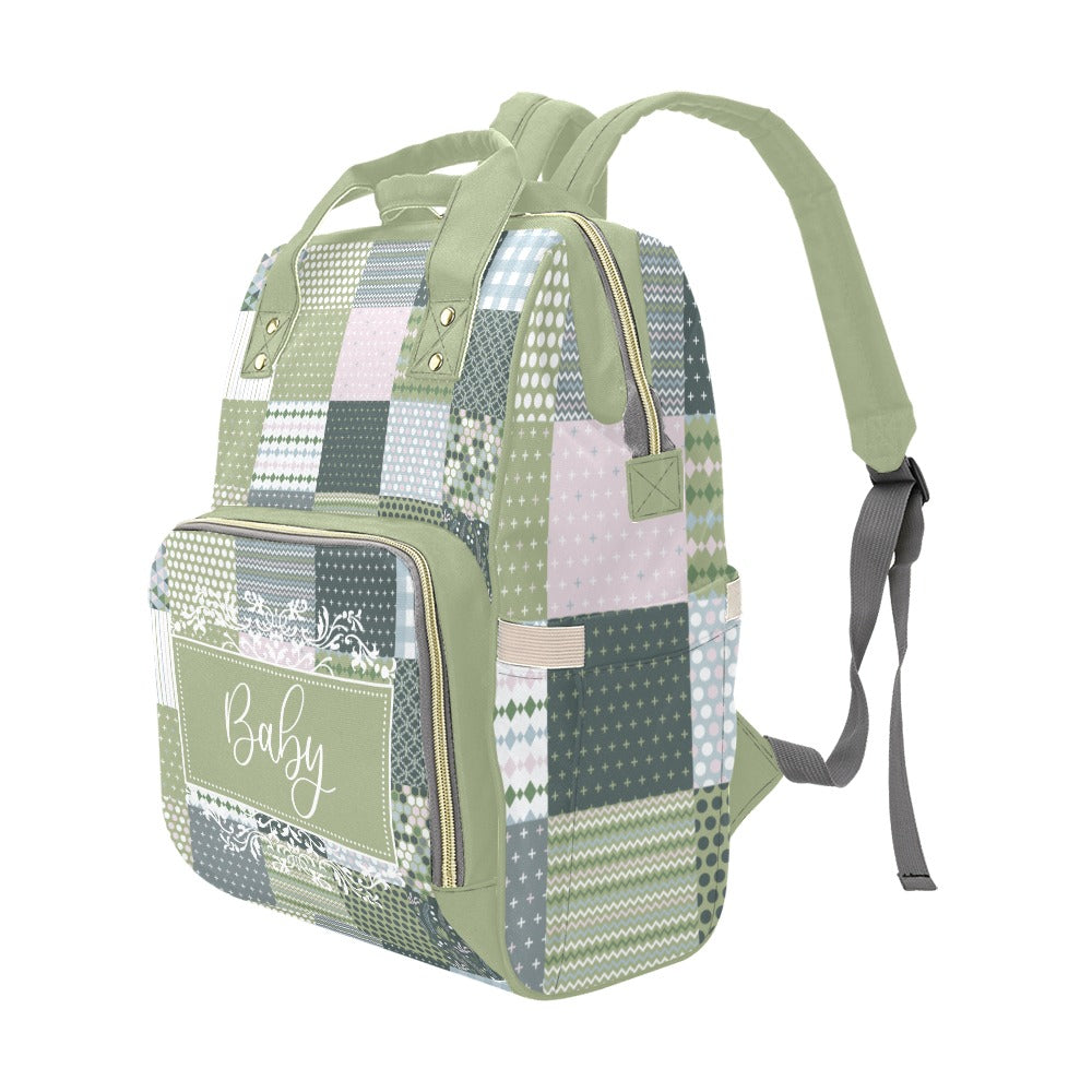 Personalized Patchwork Soft Green With Personalized Name Label Multi-Function Backpack