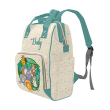 Load image into Gallery viewer, Designer Diaper Bag - Cartoon Zoo Animals On Fun Colorful Dots - Green Multi-Function Backpack