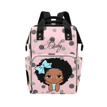 Load image into Gallery viewer, Designer Diaper Bags - African American Baby Girl Baby Pink Polka Dots Blue Bow And Natural Curls Multi-Function Backpack