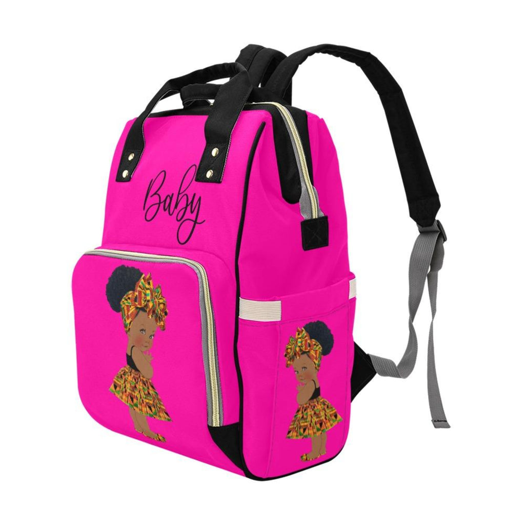 Designer Diaper Bag - Ethnic Queen African American Baby Girl - Hot Pink and Black - Waterproof Backpack