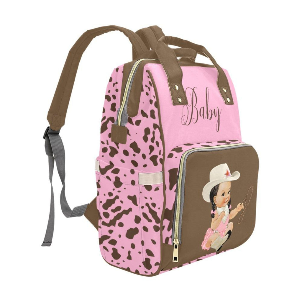 Custom Diaper Bag - Pretty Cowgirl With Braids Brown Cow Print On Baby Pink Backpack Diaper Bag