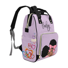 Load image into Gallery viewer, Designer Diaper Bag - African American Baby Girl With Afro Pigtails Lilac Multi-Function Backpack