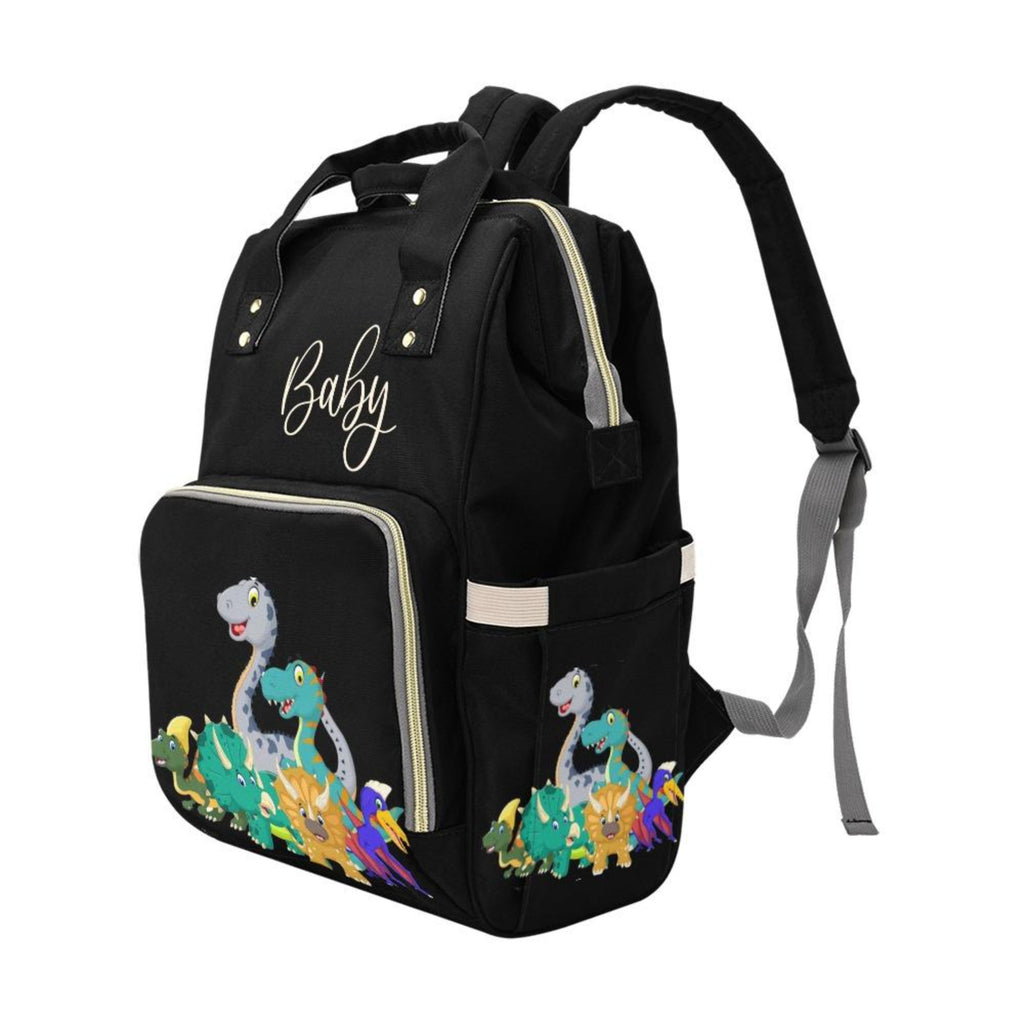 Designer Baby Bag With Cute Cartoon Dinosaurs - Waterproof Multifunction Backpack in Black