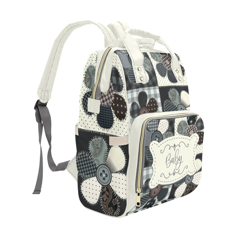 Personalized Diaper Bag Backpack - Patchwork Flower Buttons With Cream Label - Large Capacity and Waterproof