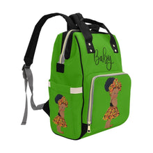 Load image into Gallery viewer, Designer Diaper Bag - Ethnic African American Baby Girl - Green Multi-Function Backpack