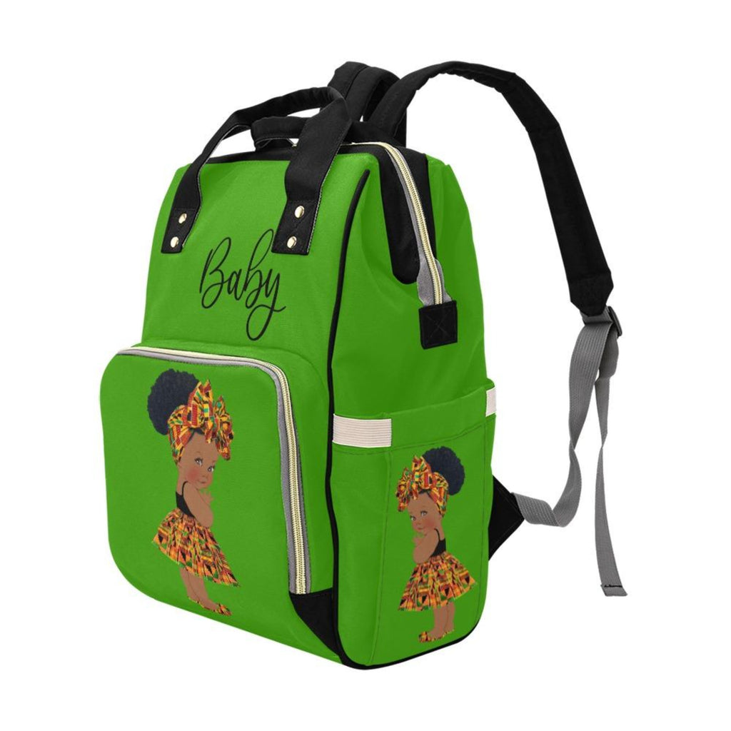 Designer Diaper Bag - Ethnic African American Baby Girl - Green Multi-Function Backpack