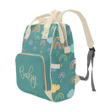 Load image into Gallery viewer, Designer Diaper Bags - Unisex Rainbows With Baby Name On Green - Waterproof Multi-Function Backpack