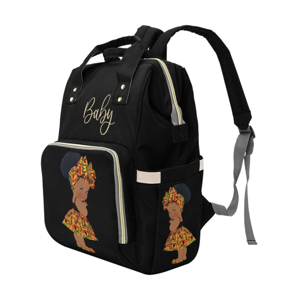 Designer Diaper Bag - Ethnic African American Baby Girl - Waterproof Black Multi-Function Backpack
