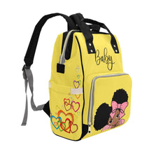 Load image into Gallery viewer, Designer Diaper Bags - African American Baby Girl With Afro Pigtails Yellow - Waterproof Multi-Function Backpack