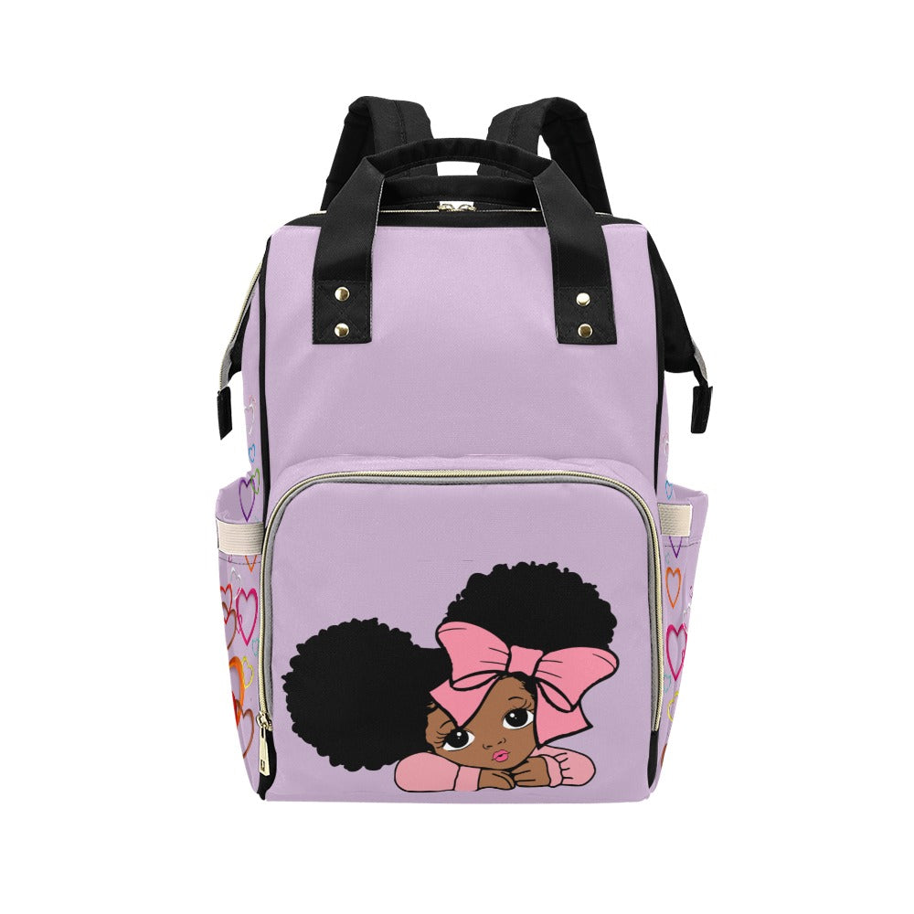 Designer Diaper Bag - African American Baby Girl With Afro Pigtails Lilac Multi-Function Backpack