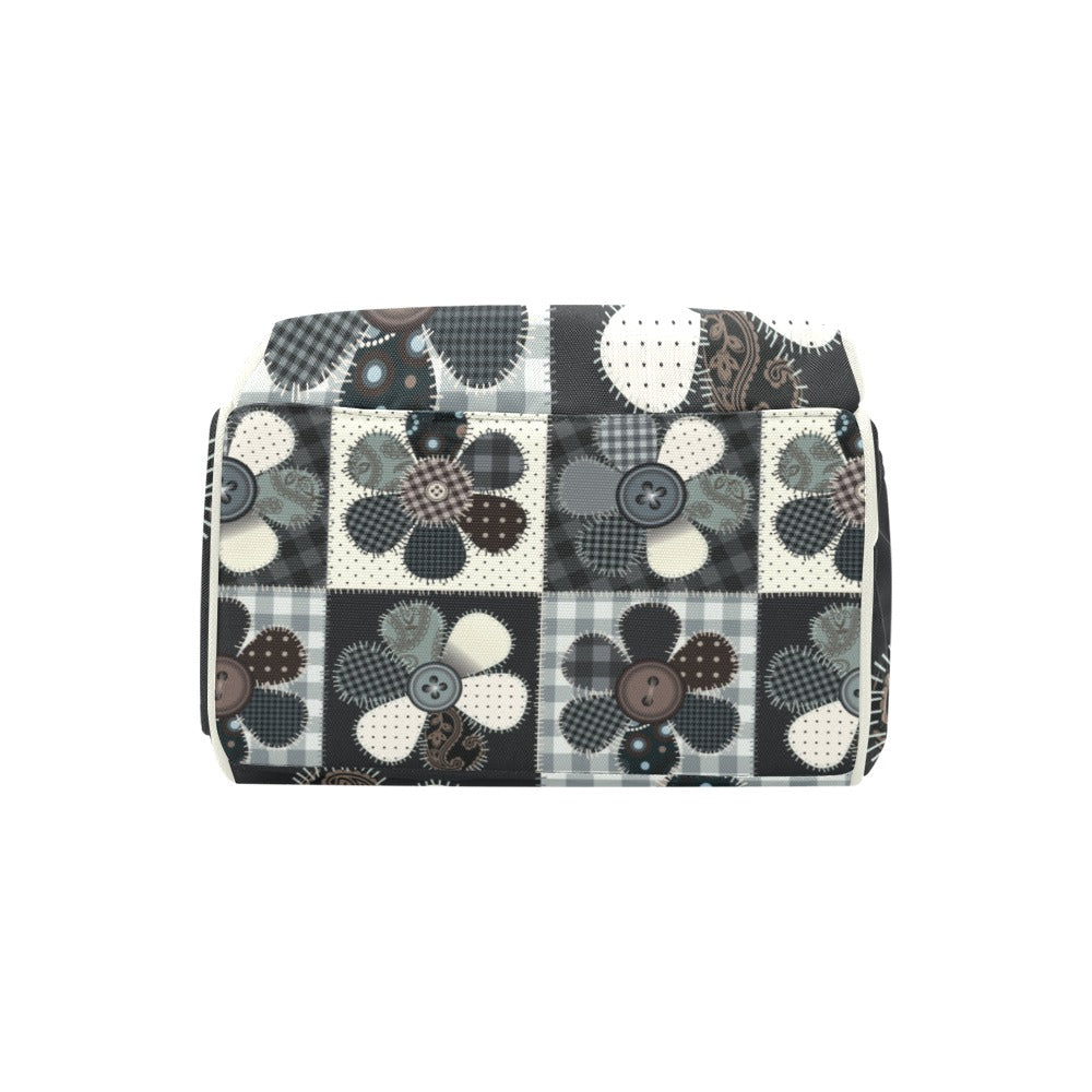 Personalized Diaper Bag Backpack - Patchwork Flower Buttons With Cream Label - Large Capacity and Waterproof