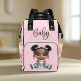 Designer Diaper Bag Backpack - African American Baby Girl Curly Locks
