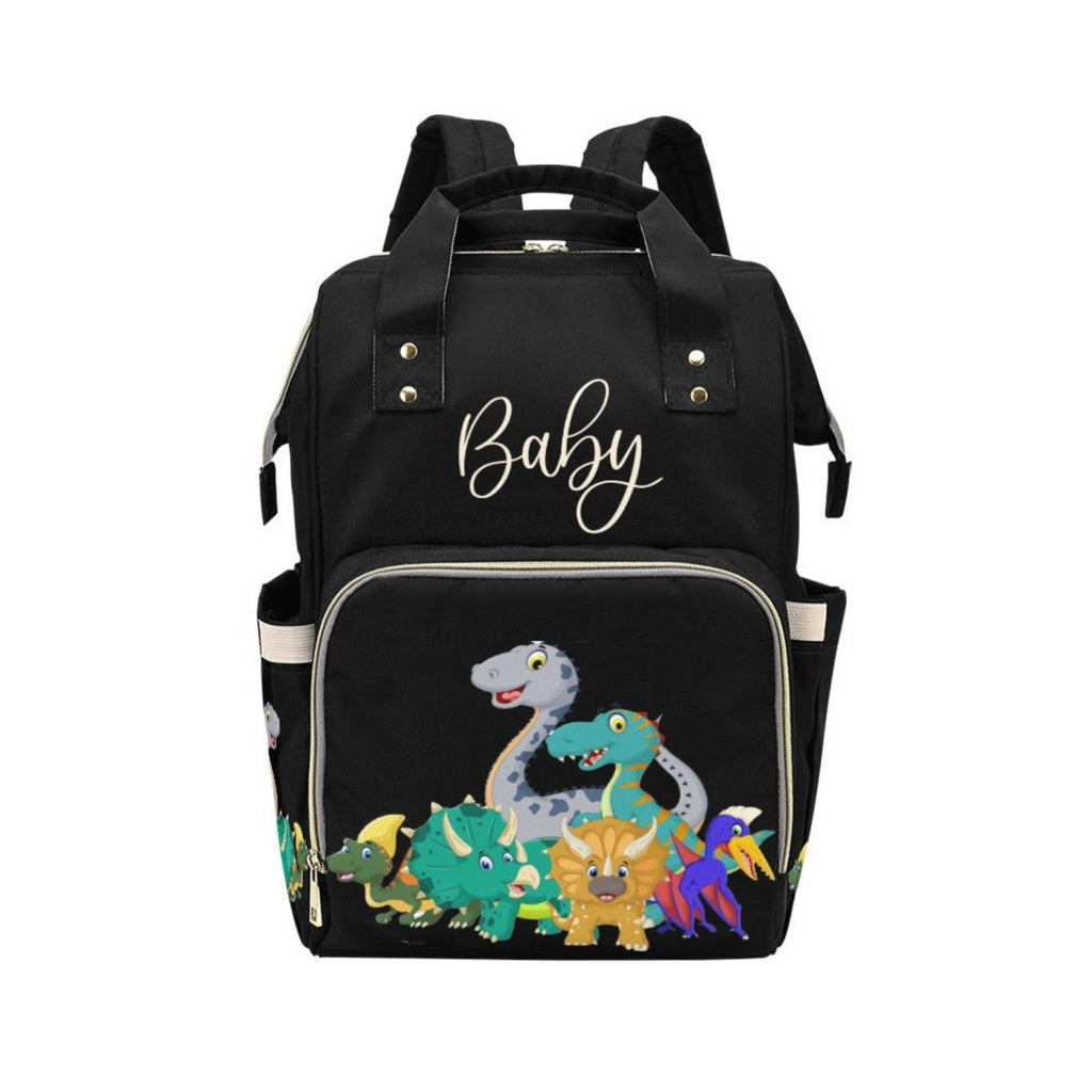 Designer Baby Bag With Cute Cartoon Dinosaurs - Waterproof Multifunction Backpack in Black