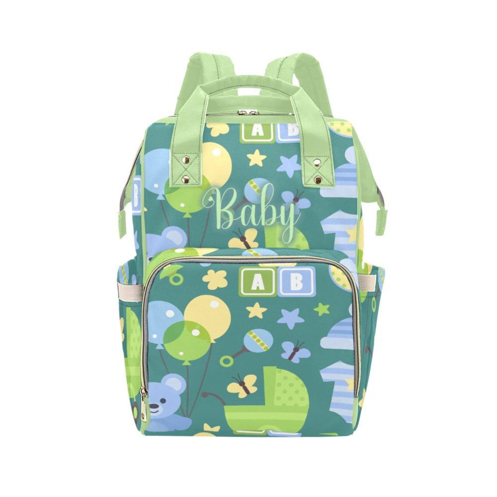 Personalize Optional - Designer Diaper Bags - Unisex Pastels With Baby Name - Green - Waterproof Multi-Function Backpack