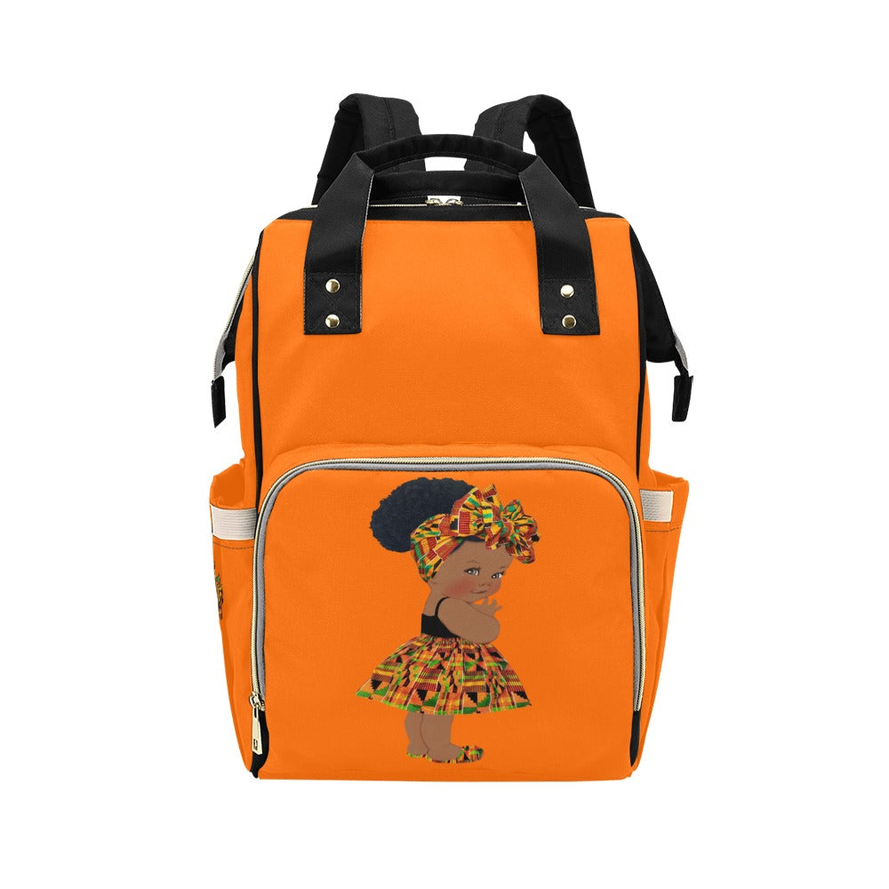 Designer Diaper Bag - Ethnic African American Baby Girl - Orange Multi-Function Backpack