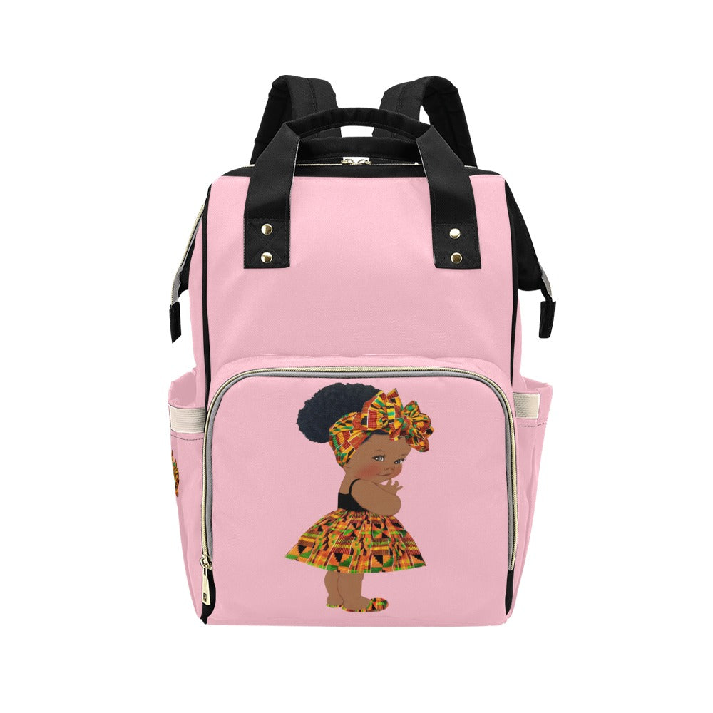 Designer Diaper Bag - Ethnic African American Baby Girl - Powder Pink Multi-Function Backpack