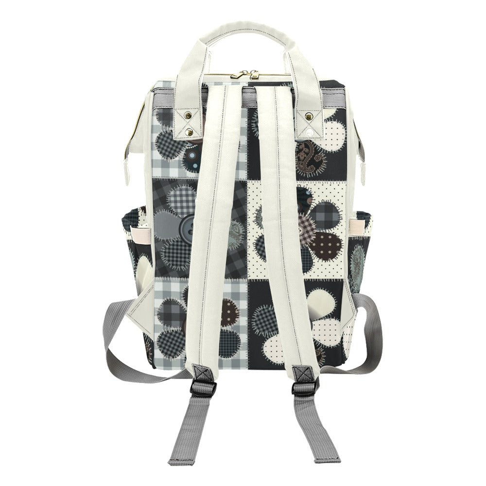 Personalized Diaper Bag Backpack - Patchwork Flower Buttons With Cream Label - Large Capacity and Waterproof