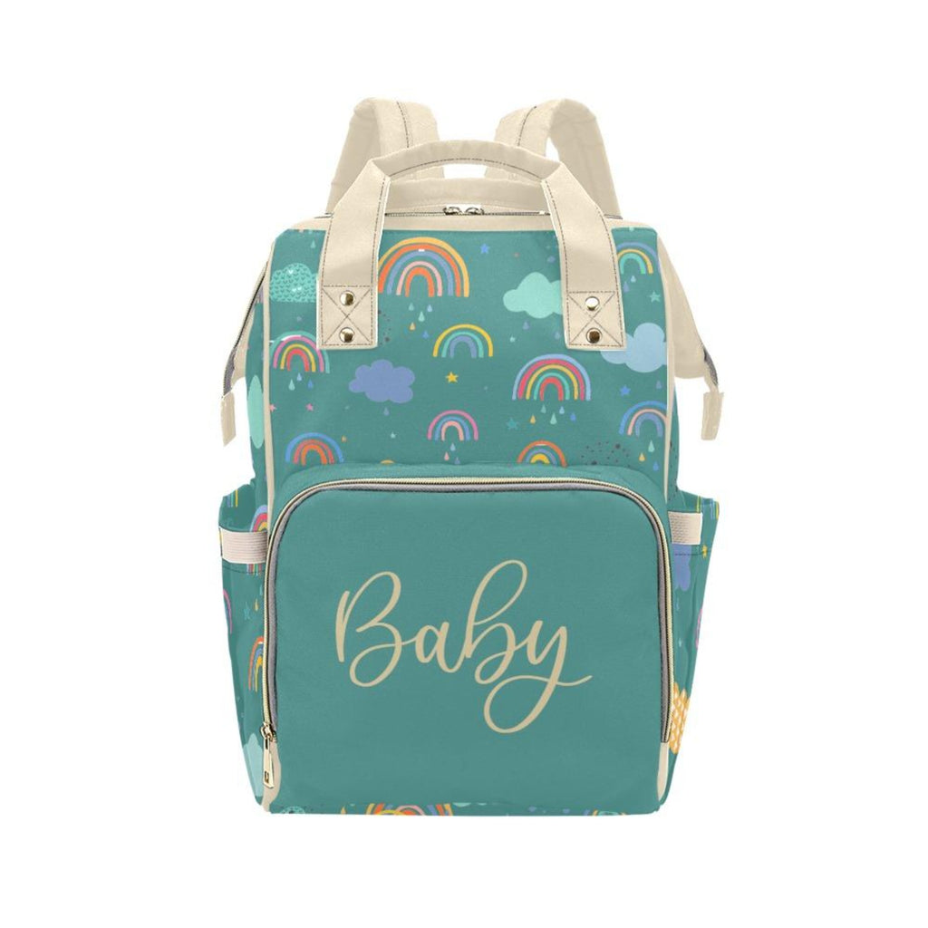 Designer Diaper Bags - Unisex Rainbows With Baby Name On Green - Waterproof Multi-Function Backpack