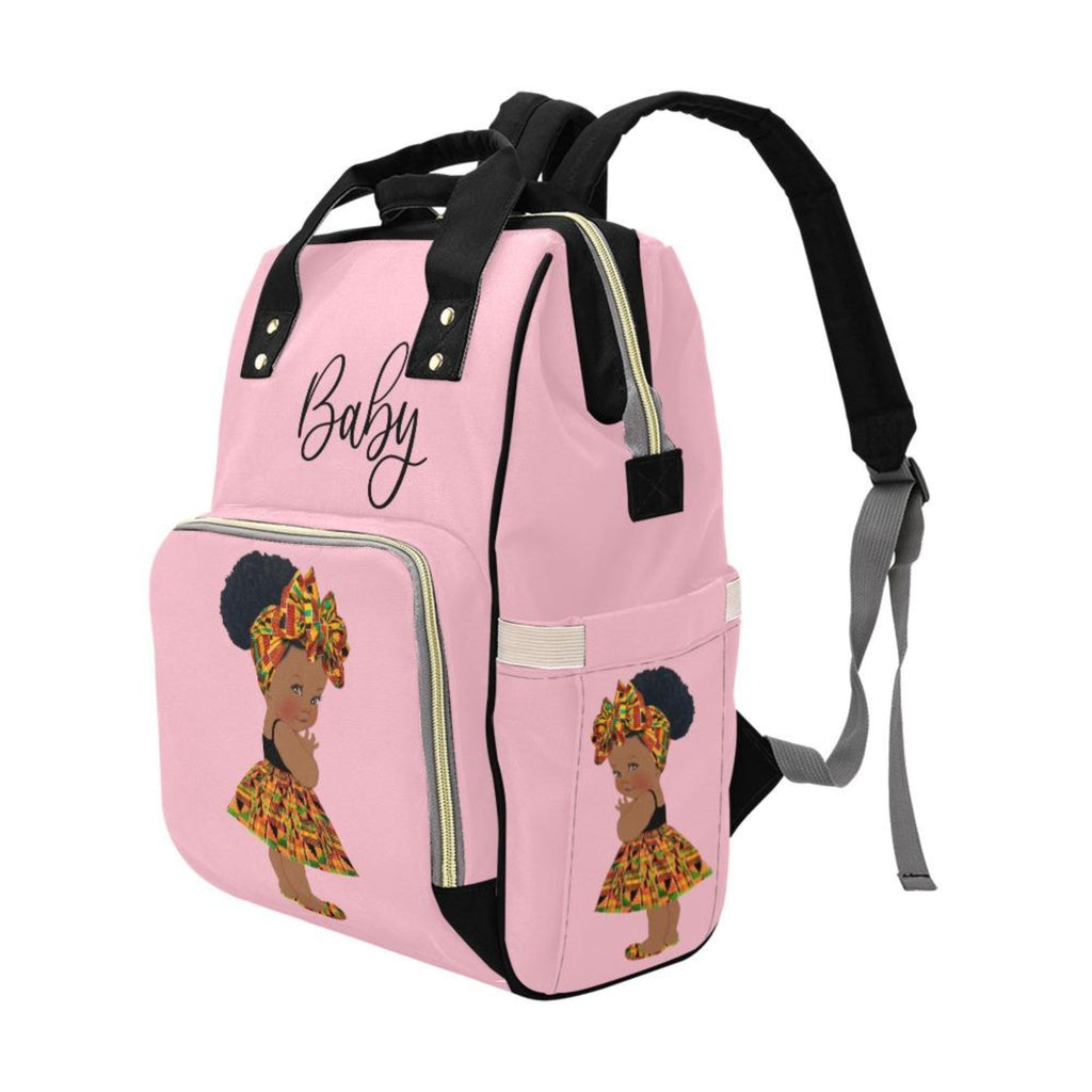 Designer Diaper Bag - Ethnic African American Baby Girl - Powder Pink Multi-Function Backpack