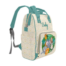 Load image into Gallery viewer, Designer Diaper Bag - Cartoon Zoo Animals On Fun Colorful Dots - Green Multi-Function Backpack