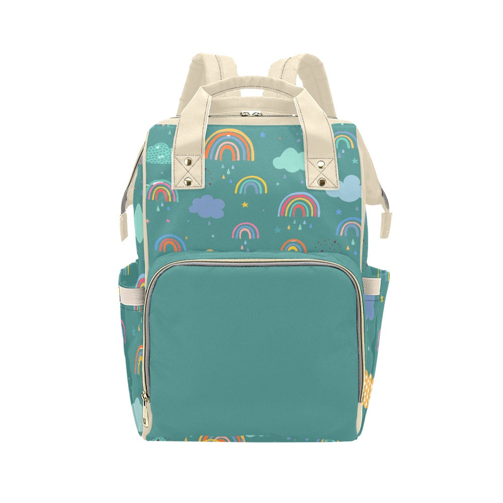 Designer Diaper Bags - Unisex Rainbows With Baby Name On Green - Waterproof Multi-Function Backpack