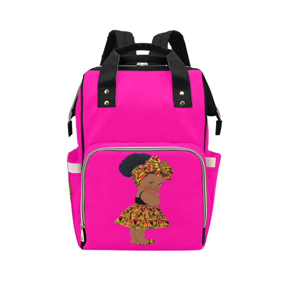 Designer Diaper Bag - Ethnic Queen African American Baby Girl - Hot Pink and Black - Waterproof Backpack