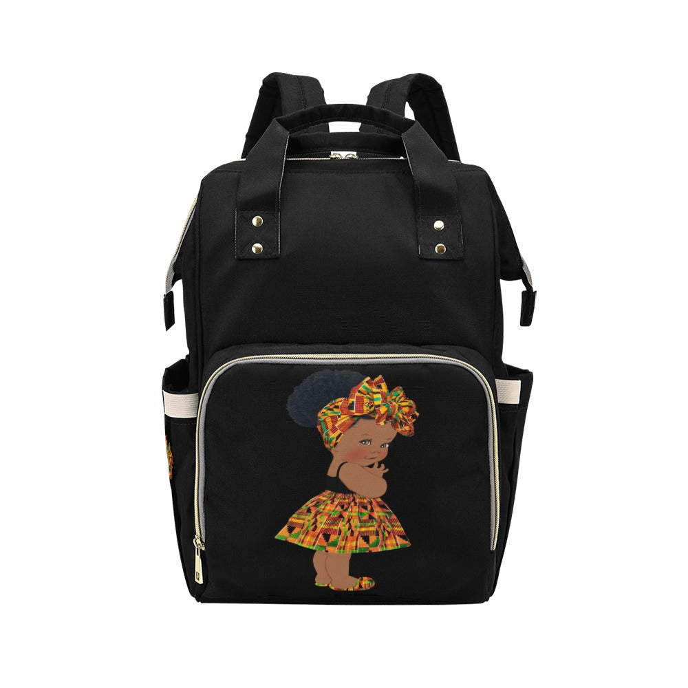 Designer Diaper Bag - Ethnic African American Baby Girl - Waterproof Black Multi-Function Backpack