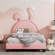 Load image into Gallery viewer, Twin Size Upholstered Leather Platform Bed with Rabbit Ornament, Pink