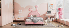 Load image into Gallery viewer, Twin Size Upholstered Leather Platform Bed with Rabbit Ornament, Pink
